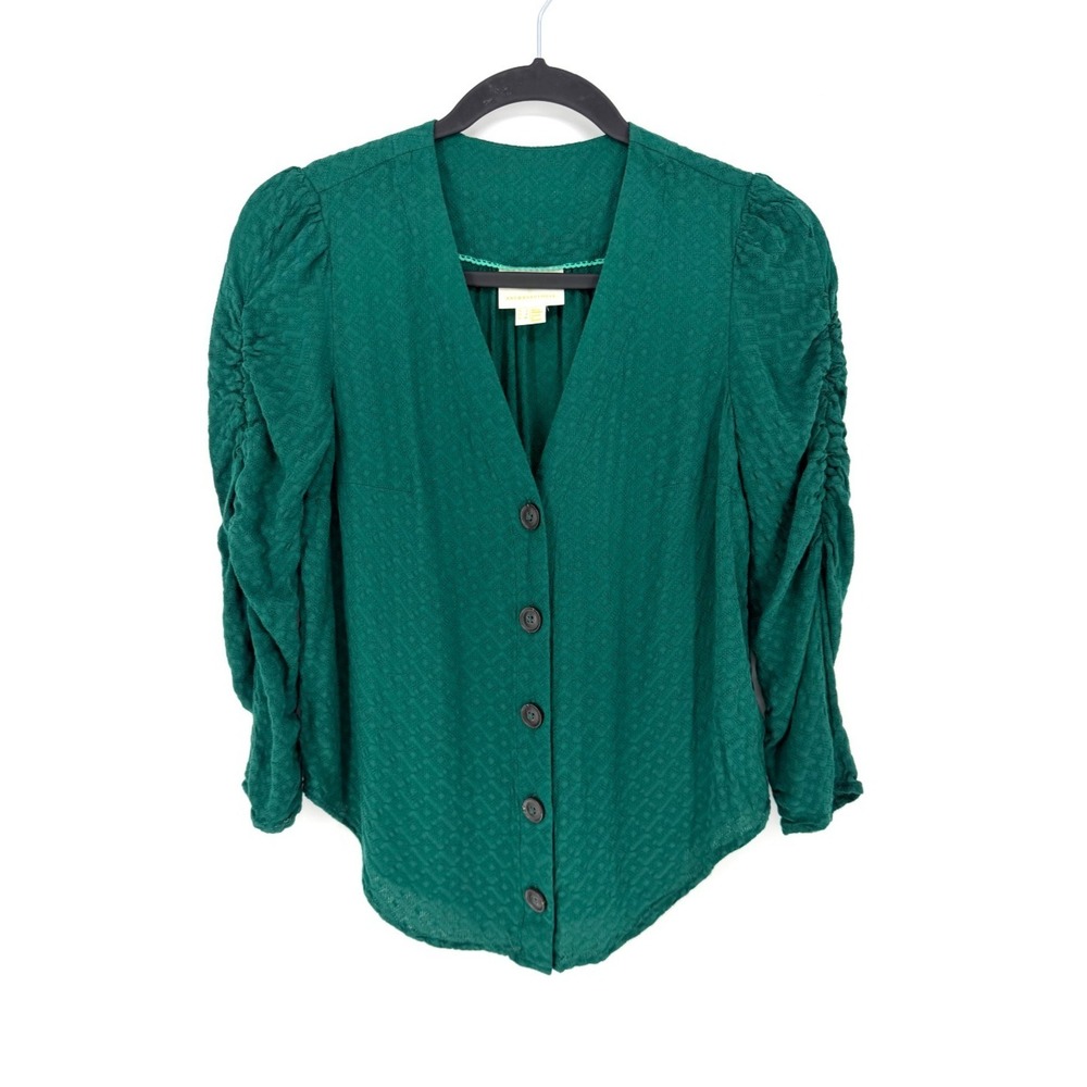 Maeve Anthropologie Emerald Green Jacquard Ruched Puff‎ Sleeve Blouse Size 0